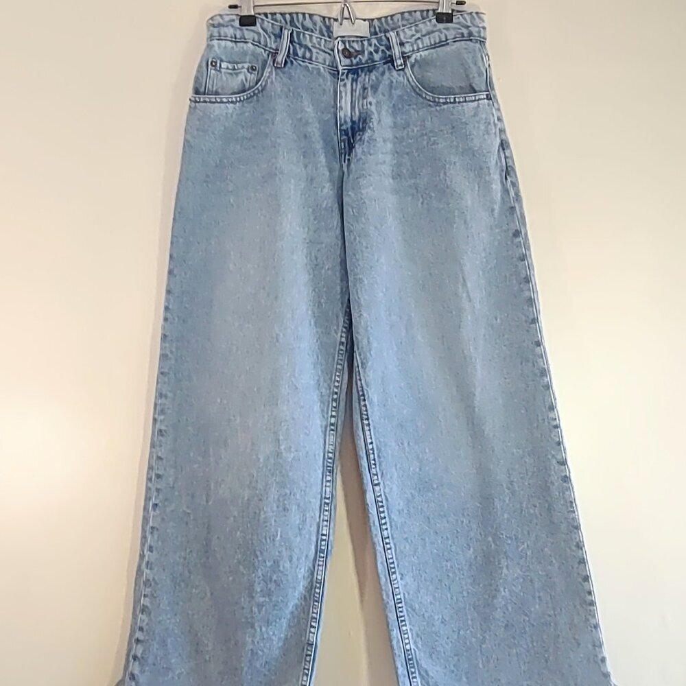 Motel Rocks Light Blue Jeans Wide-Leg Mid-Rise Size 28 Loose Fit Frayed Hem